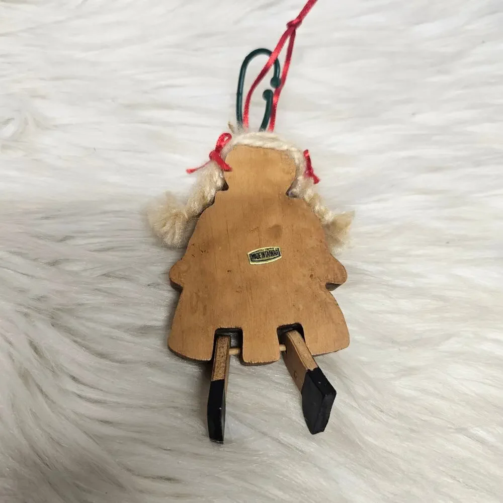 Vintage Wooden Christmas Tree Ornament Girl Blonde Pigtails Folk Art Painted